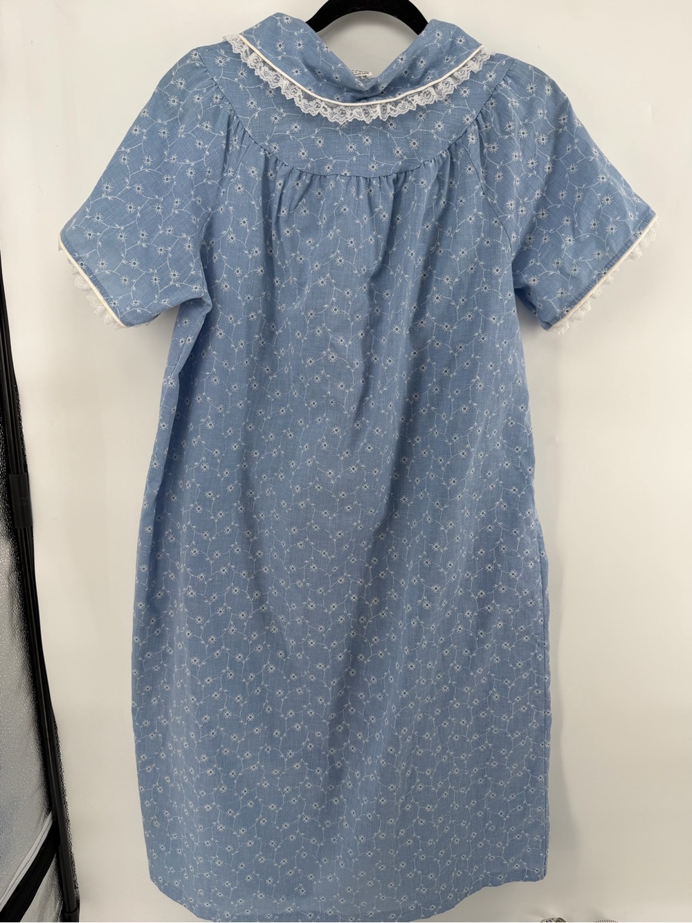 Vtg 70s Improved Living House Dress Sleepwear L Blue Floral Pearl Snap Cottage - Picture 8 of 8
